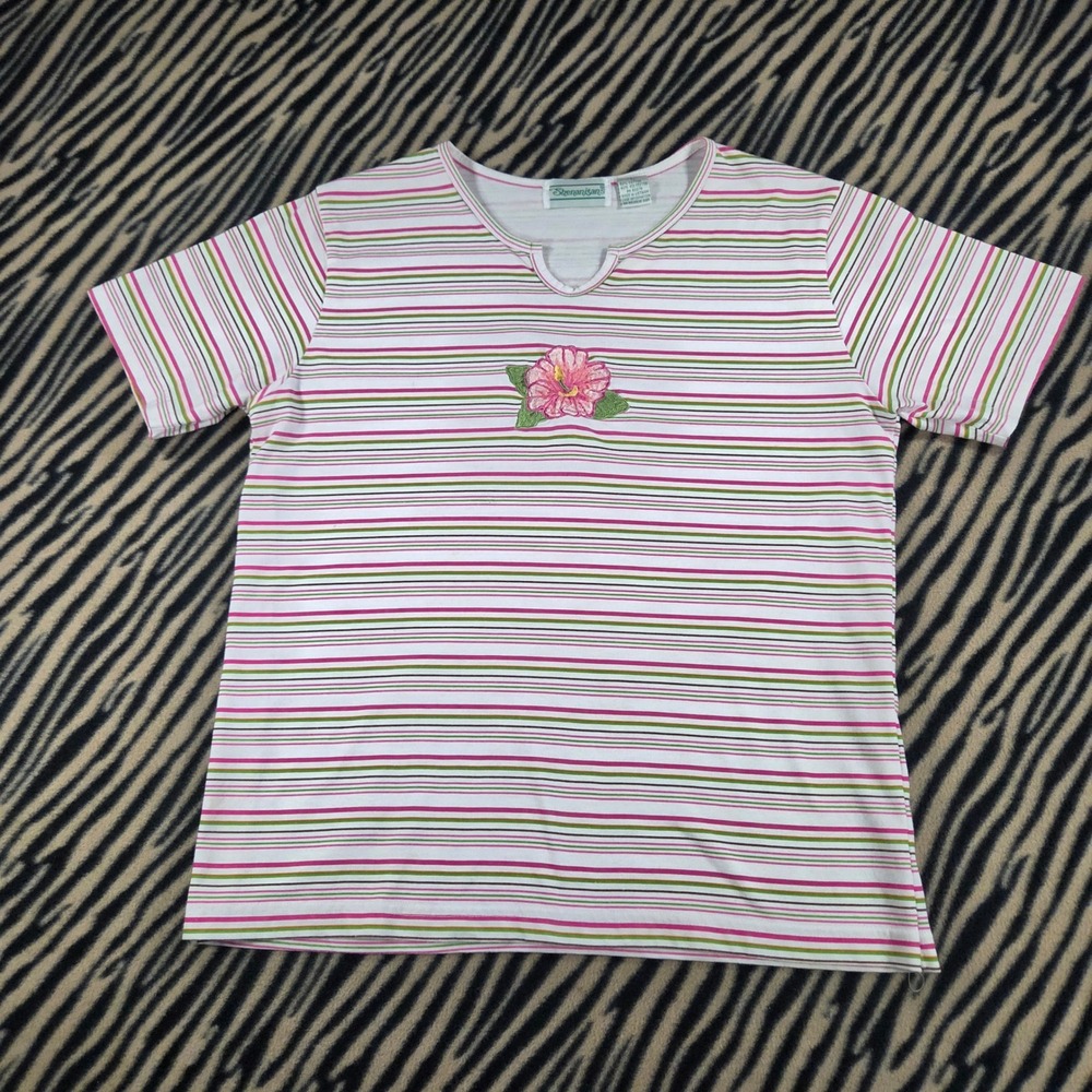 Shenanigans Vintage Striped T-Shirt Floral Embroidery Single Stitch Pink Green L